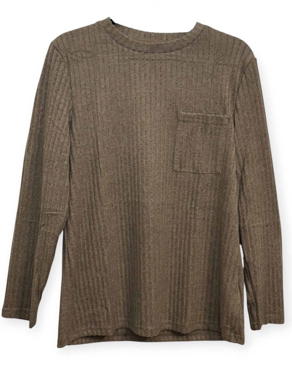 Women’s Taupe Ribbed Crew Neck Long-Sleeve Sweater - Lightweight Pocket
